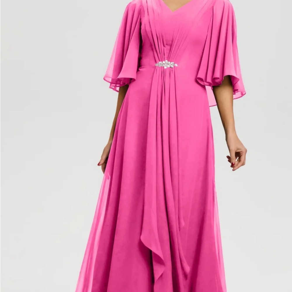 Fuchsia V‑Neck Maxi Dress with Draped Waist and Jewel Accent